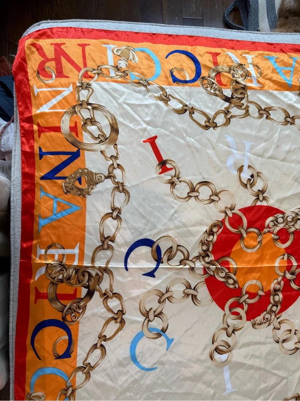 Vintage Nina Ricci Cream, Orange & Red Silk Scarf with Gold Chain Motif